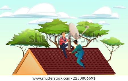 Workers work on roof. Two workers install a satellite dish on the roof. Antenna for television and internet. Against backdrop of trees and sky. Service illustration Vector.