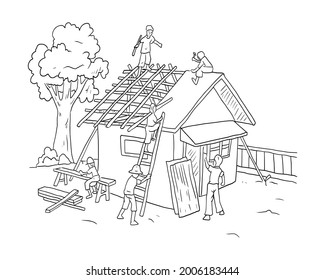 The workers work together to build the house illustration