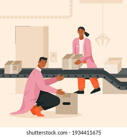 Workers working on conveyor at smart factory or warehouse. People at automatic production line of cardboard boxes. Automation industry technology, teamwork concept. Vector character illustration