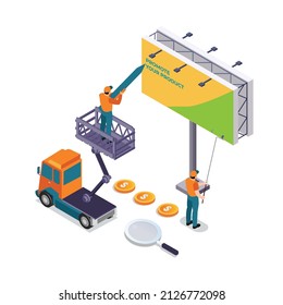 Trabajadores trabajando en un concepto de vector 3d isométrico para banner, sitio web, ilustración, página de aterrizaje, volante, etc.