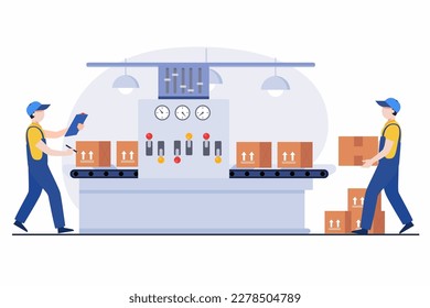 Workers working at the production line and checking goods, Conveyor in the warehouse. Automatic machine.