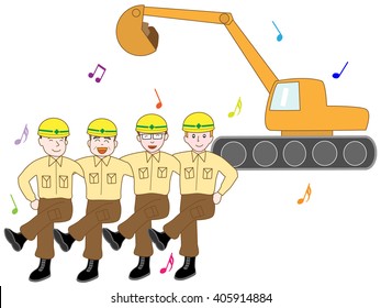Workers working using a shovel car. Teamwork is good.