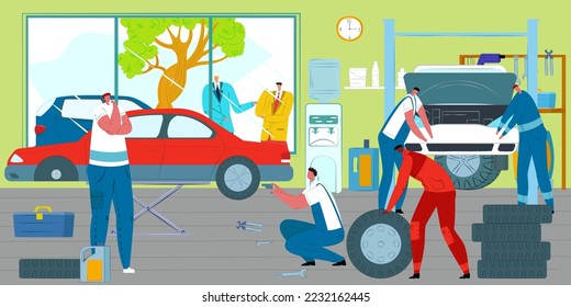 Workers in workshop repair vehicles, car service, vector illustration. Mechanic change wheel, checks engine, transmission.