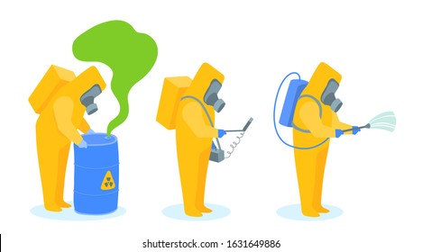 Workers in yellow protective suits next to a barrel of radioactive waste, holds a radiation meter, a Geiger counter, sprayer. Vector cartoon illustration isolated on white background.