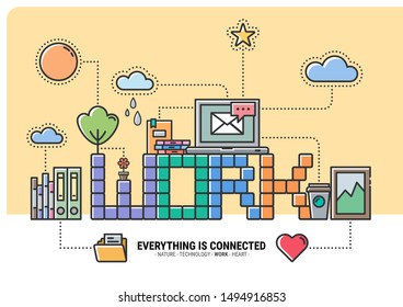 WORK-Everything is Connected. computer, book, photo, cloud, sun, star, internet, nature, technology, work and heart cooperation. imagination of business. flat design modern vector illustration concept