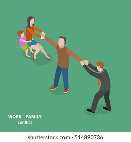 Work-family conflict vector flat isometric concept. Man is pulled by his wife and child to one side and by his boss to the other side.