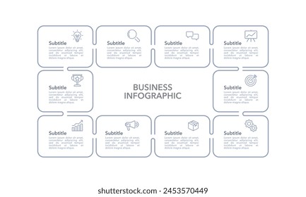 Workflow 10 process development infographic design template. Business presentation. Vector illustration.