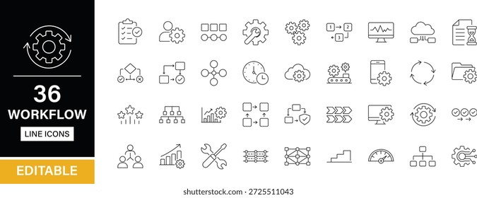 Workflow 36 editable line icons pack. Process, task, step, system, sequence, action, cycle, automation, procedure, framework, integration, flowchart, project and more icons.
