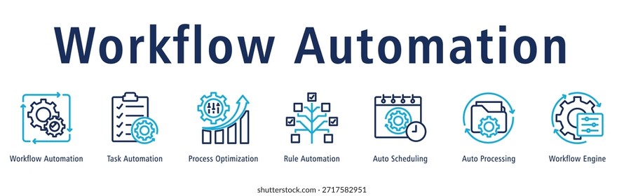 Workflow Automation banner with icons of Workflow Automation, Task Automation, Process Optimization, Rule Automation, Auto Scheduling, Auto Processing, and Workflow Engine.