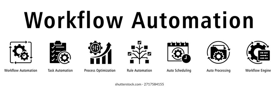 Workflow Automation banner with icons of Workflow Automation, Task Automation, Process Optimization, Rule Automation, Auto Scheduling, Auto Processing, and Workflow Engine.