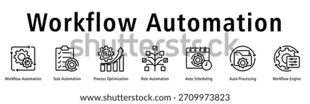 Workflow Automation banner with icons of Workflow Automation, Task Automation, Process Optimization, Rule Automation, Auto Scheduling, Auto Processing, and Workflow Engine.