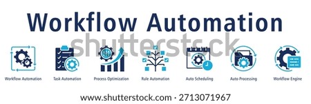 Workflow Automation banner with icons of Workflow Automation, Task Automation, Process Optimization, Rule Automation, Auto Scheduling, Auto Processing, and Workflow Engine.