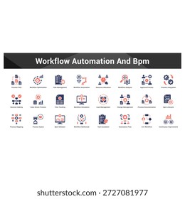 Workflow Automation And Bpm Cohesive set of minimalist vector icons representing key ideas with visual clarity
