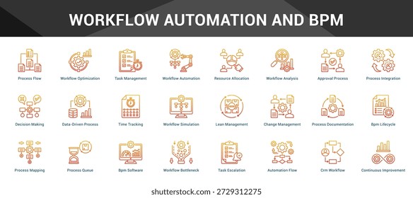 Automatización del flujo de trabajo y Bpm Conjunto coherente de iconos vectoriales minimalistas que representan ideas clave con claridad visual