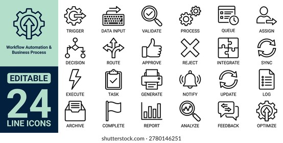 Workflow Automation and Business Process Icon Set Featuring Trigger Data Input Validate Process Queue Assign Decision Route Approve Reject Integrate Sync Execute and Task Icons