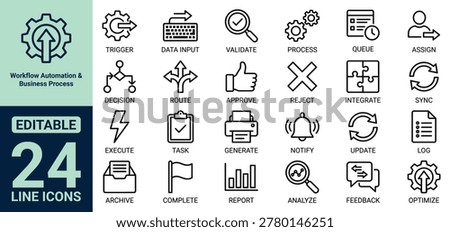 Workflow Automation and Business Process Icon Set Featuring Trigger Data Input Validate Process Queue Assign Decision Route Approve Reject Integrate Sync Execute and Task Icons