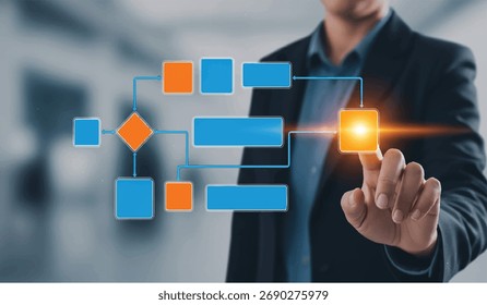 Workflow automation and business process mapping concept. Businessman touching flowchart interface, representing workflow automated, process planning, business flow
