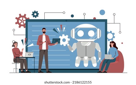 Workflow automation concept. Implementation of innovations in company or production. Modern technologies and digital world. Robot or bot for processing information. Cartoon flat vector illustration