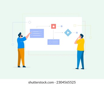 Workflow automation with flowchart for business management. Agile development team, project management streamline process and productivity block scheme software. Team working on flowchart