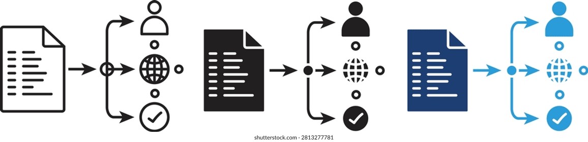 Workflow Automation Icon Pack. Editable Stroke Outline, Filled and Color Data Flow Icons for File Management, System Integration and Digital Processing
