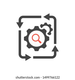 Workflow Automation icon with research sign, explore, find, inspect symbol