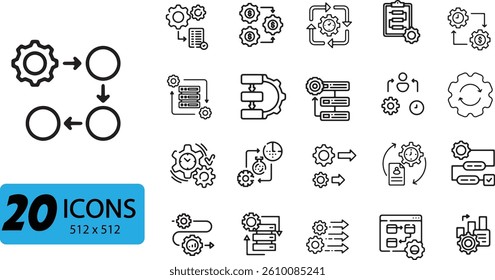 Workflow Automation Icon Set: 20 Outline Vector Illustrations