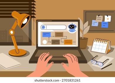 Workflow automation illustration. Character working on laptop with smart dashboards, AI automated business processes on screen. Task management, onboarding, artificial intelligence tools.