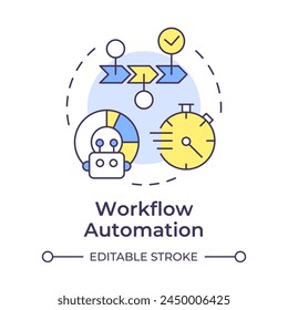 Workflow automation multi color concept icon. Artificial intelligence. Business processes optimization. Round shape line illustration. Abstract idea. Graphic design. Easy to use in infographic
