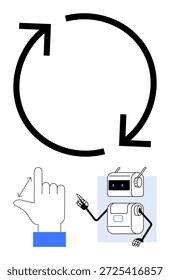 Workflow, Automatisierung, Robotik, Gestenanweisungen, Benutzerinteraktion, zyklische Prozesse. Kreisförmige Pfeile, Handgesten und ein Cartoon-Roboter. Workflow- und Automatisierungsvisualisierung