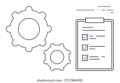 Automatización del flujo de trabajo, gestión de tareas, eficiencia empresarial, organización de proyectos, herramientas de productividad, lista de comprobación visual. Dos ruedas dentadas junto a una lista de verificación. Automatización del flujo de trabajo y gestión de tareas