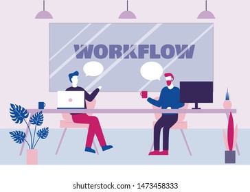 Workflow Banner. Cartoon Man Sit Table, Notebook Work, Drink Coffee, Chatting Vector Illustration. Office Worker Talk. Colleague Communication, Worker Conversation, Project Discussion