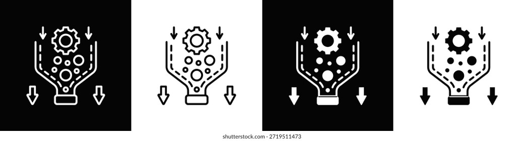 Icono de cuello de botella de flujo de trabajo con estilo minimalista blanco negro variante