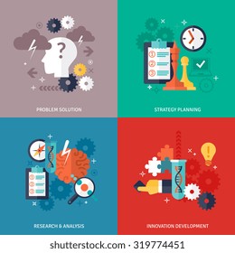 Workflow and business icons set with problem solution strategy planning research and development symbols flat isolated vector illustration 