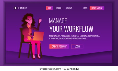 Workflow Business Landing Page Vector.  Brainstorming Business Coworking. Workflow Management. Woman. Template Illustration

