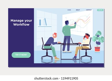 Workflow and business management. People work in a team and interact with graphs.