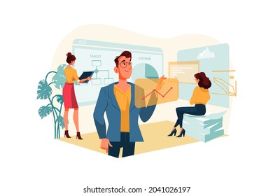 Workflow in a business office. Teamwork on project Illustration concept. Flat illustration isolated on white background.