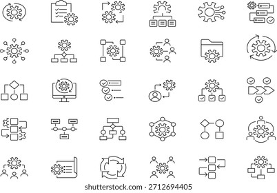 Conjunto de iconos de líneas de procesos de negocio y flujo de trabajo. Símbolos de esquema de Vector para automatización, operaciones, diagramas de flujo, administración de sistemas y algoritmos.