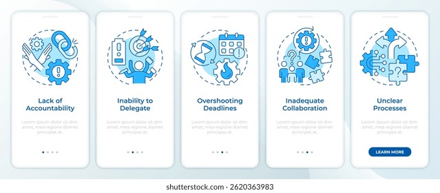 Workflow challenges blue onboarding mobile app screen. Team work. Walkthrough 5 steps editable graphic instructions with linear concepts. UI, UX, GUI