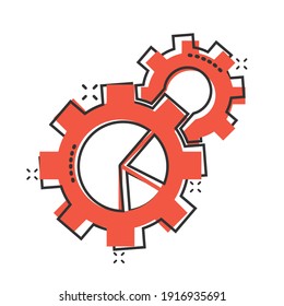 Workflow chart icon in comic style. Gear with diagram cartoon vector illustration on white isolated background. Process organization splash effect business concept.