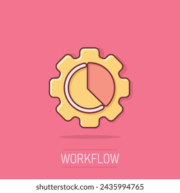 Workflow chart icon in comic style. Gear with diagram cartoon vector illustration on isolated background. Process organization splash effect business concept.