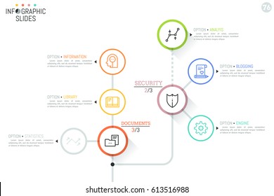 Workflow chart with round elements, icons and text boxes connected by lines. Task completion process visualization concept. Minimal infographic design layout. Vector illustration for website, report.