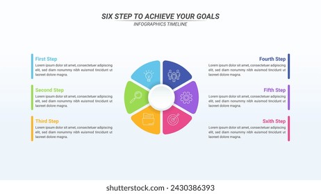 Infografía de diagrama de círculo de flujo de trabajo con 6 pasos para el proceso de negocio, la estrategia y el marketing.
