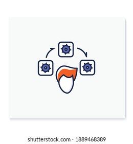 Workflow color icon. Person head with block of time tasks linear pictograms with gears. Concept of mind focus, project management and attention concentration. Isolated vector illustration