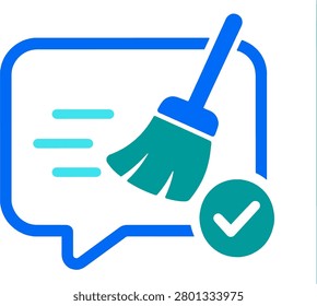 Workflow communication icon showing a message bubble, cleanup broom, and approval checkmark. Ideal for message moderation, content cleanup, inbox management, and communication workflows.