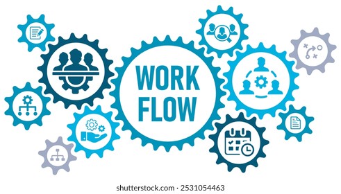 Workflow concept banner website icon, vector illustration concept with icons of process, team, planning, resources, schedule, management, documentation, strategy, on white background,,