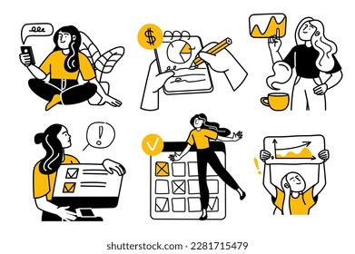 Workflow concept with character situations collection. Bundle of scenes people working with data, doing job tasks, making reports and researching statistics. Vector illustrations in flat web design