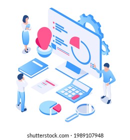 Workflow concept. New project management and development. Planning, setting goals and objectives and their implementation. Vector illustration in isometric style. Isolated on white background