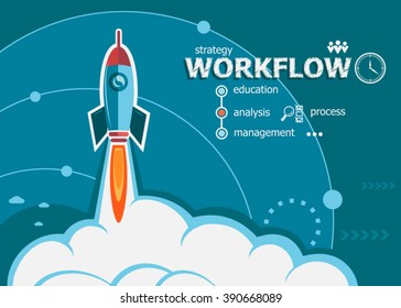 Workflow concept on background with rocket. Project Workflow concepts for web banner and printed materials.