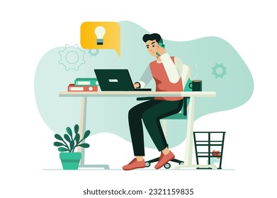 Workflow concept with people scene in the flat cartoon style. The employee actively performs all tasks at work. Vector illustration.