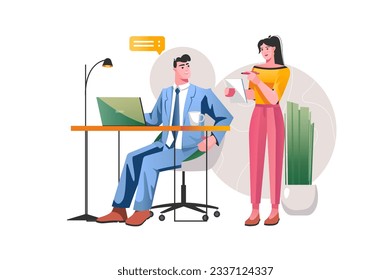 Workflow concept with people scene in the flat cartoon design. The manager gives work instructions to his employees. Vector illustration.